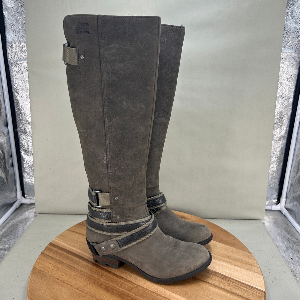 Sorel Womens Major Carly Tall Boots Gray Leather Canvas NL2270-052 Size 7